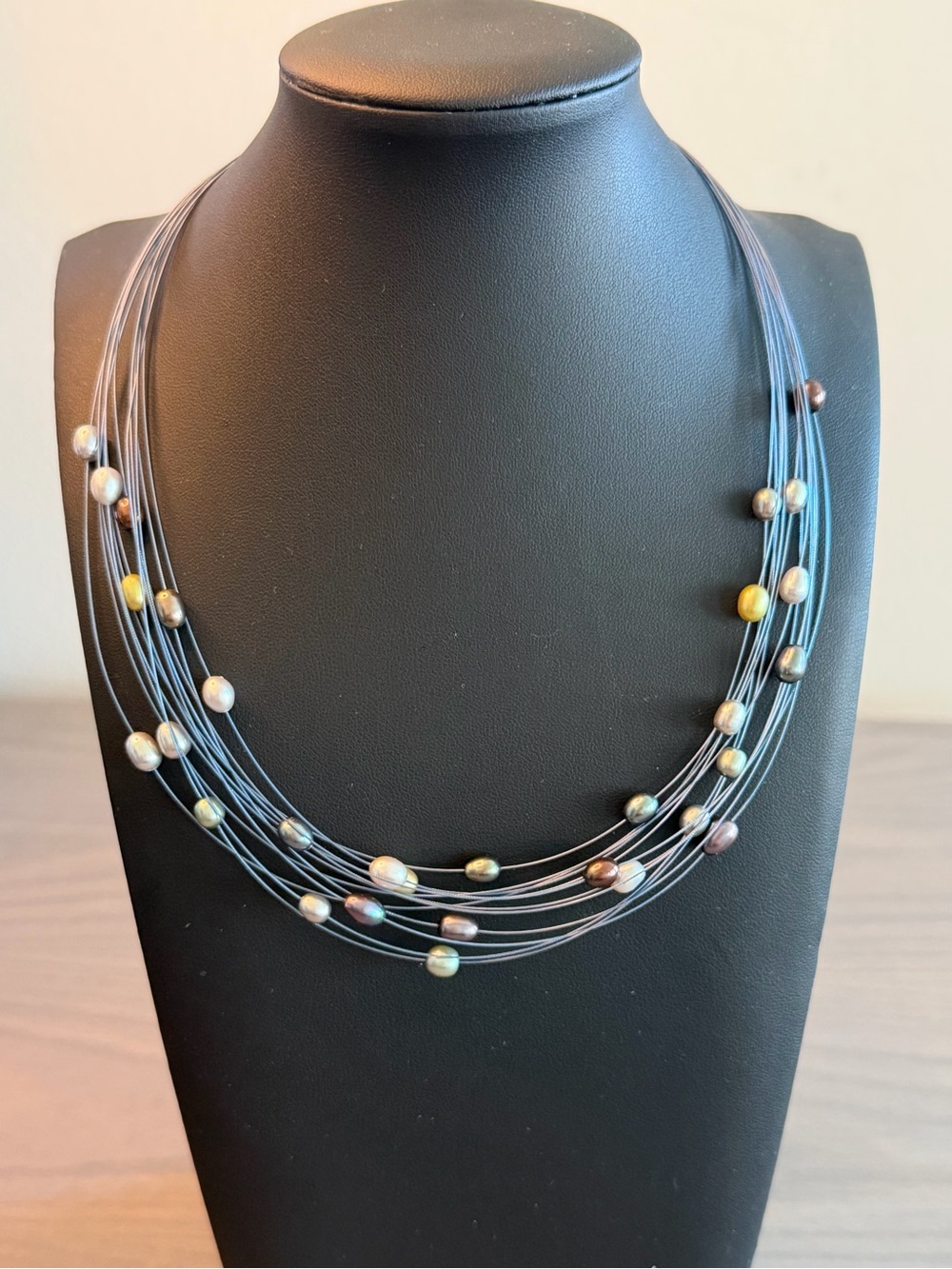 Honora Multi-Strand Black Wire Necklace with Multi-Colored Pearl Beads